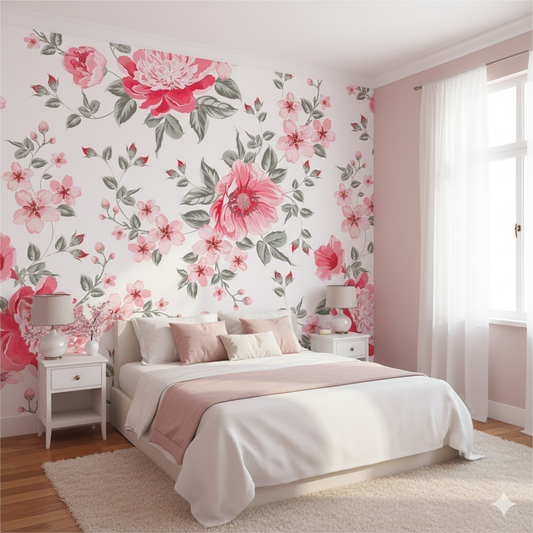 Bedroom with floral wallpaper and pink accents