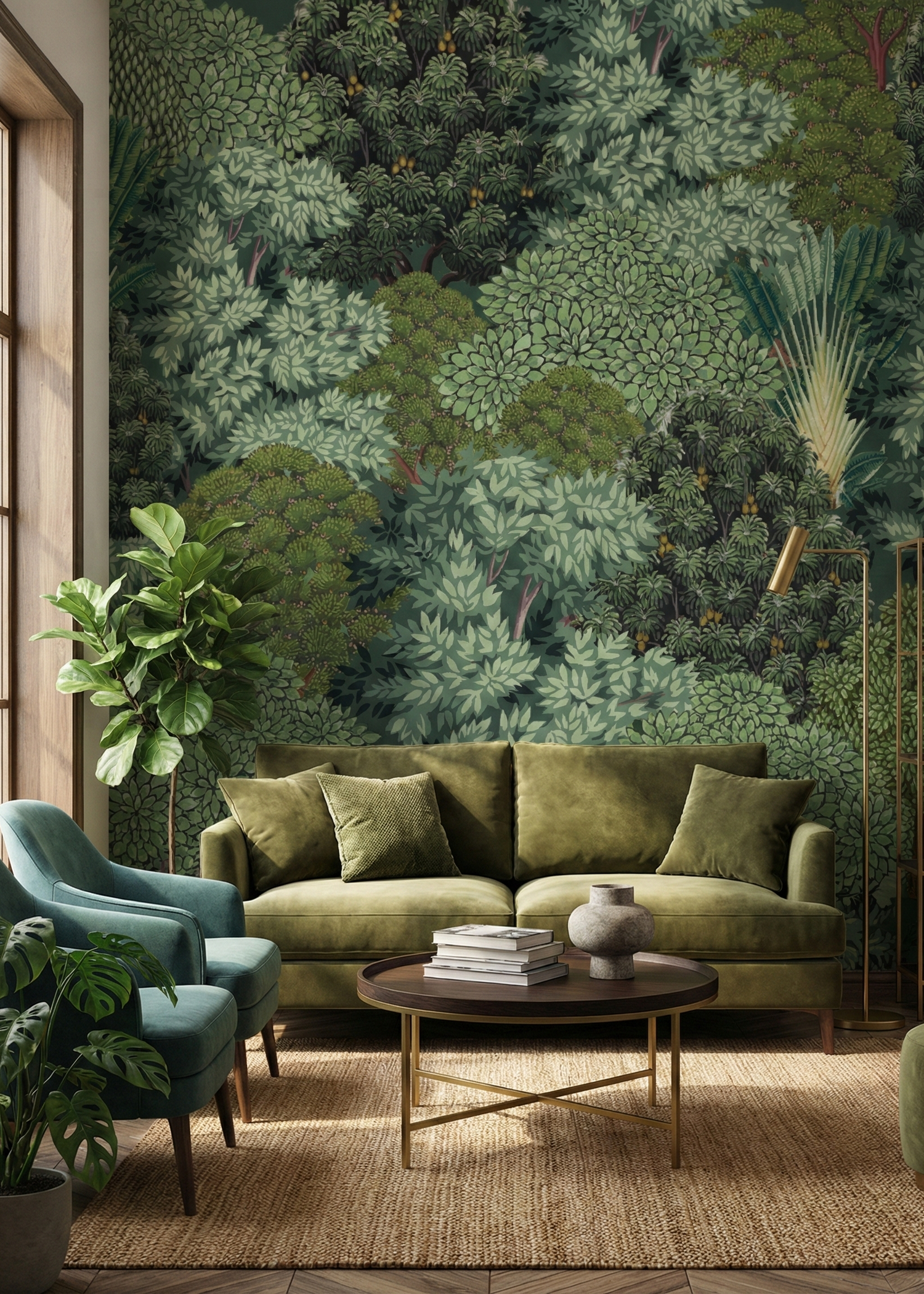 Living room with green sofa, blue armchair, and forest-themed wallpaper.