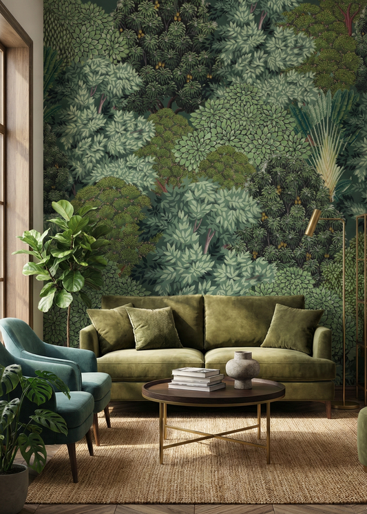 Living room with green sofa, blue armchair, and forest-themed wallpaper.