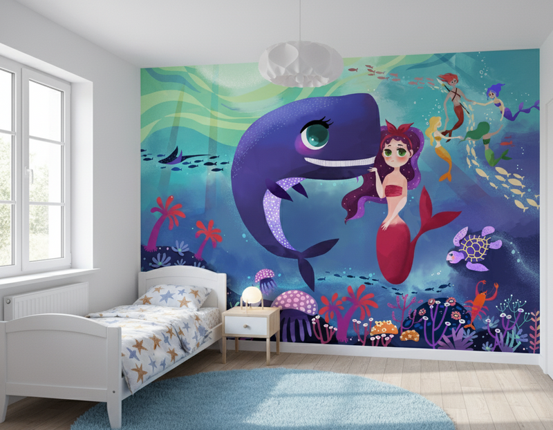 Children's bedroom with an underwater-themed wall mural featuring a mermaid and whale.