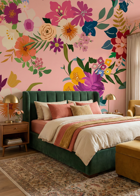 Colorful floral mural on a pink wall with a green bed and decorative furniture.