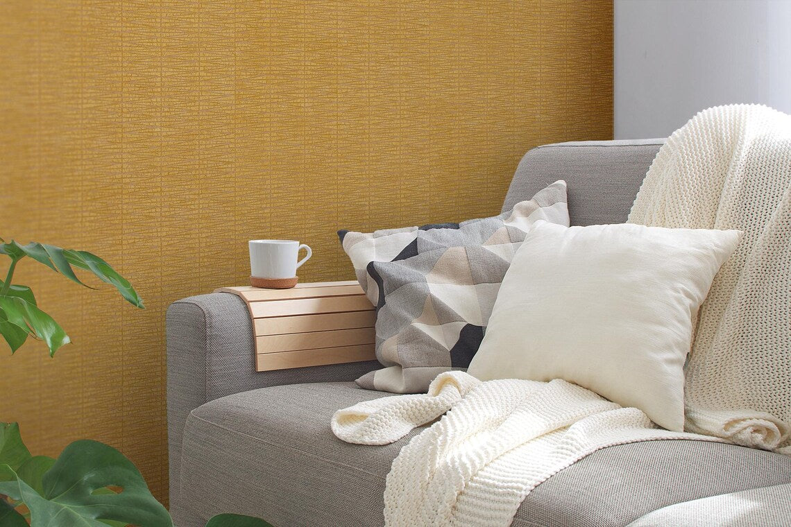 Metallic Gold Woven Texture Wallpaper, Herringbone Cane Effect