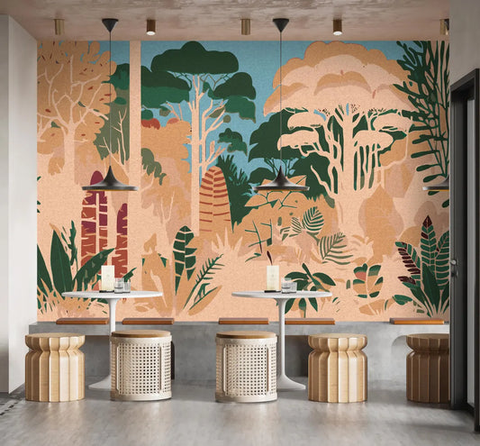 Mid-Century Modern Jungle Mural Art, Beige Green Accent Wall Mural