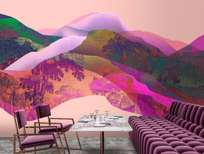 Abstract Mountain Mural Art, Purple Pink Green Accent Wall Mural