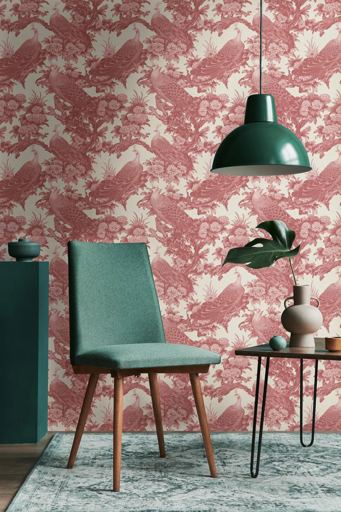 Pink Chinoiserie Peacock Wallpaper, Art Nouveau Peel and Stick Mural