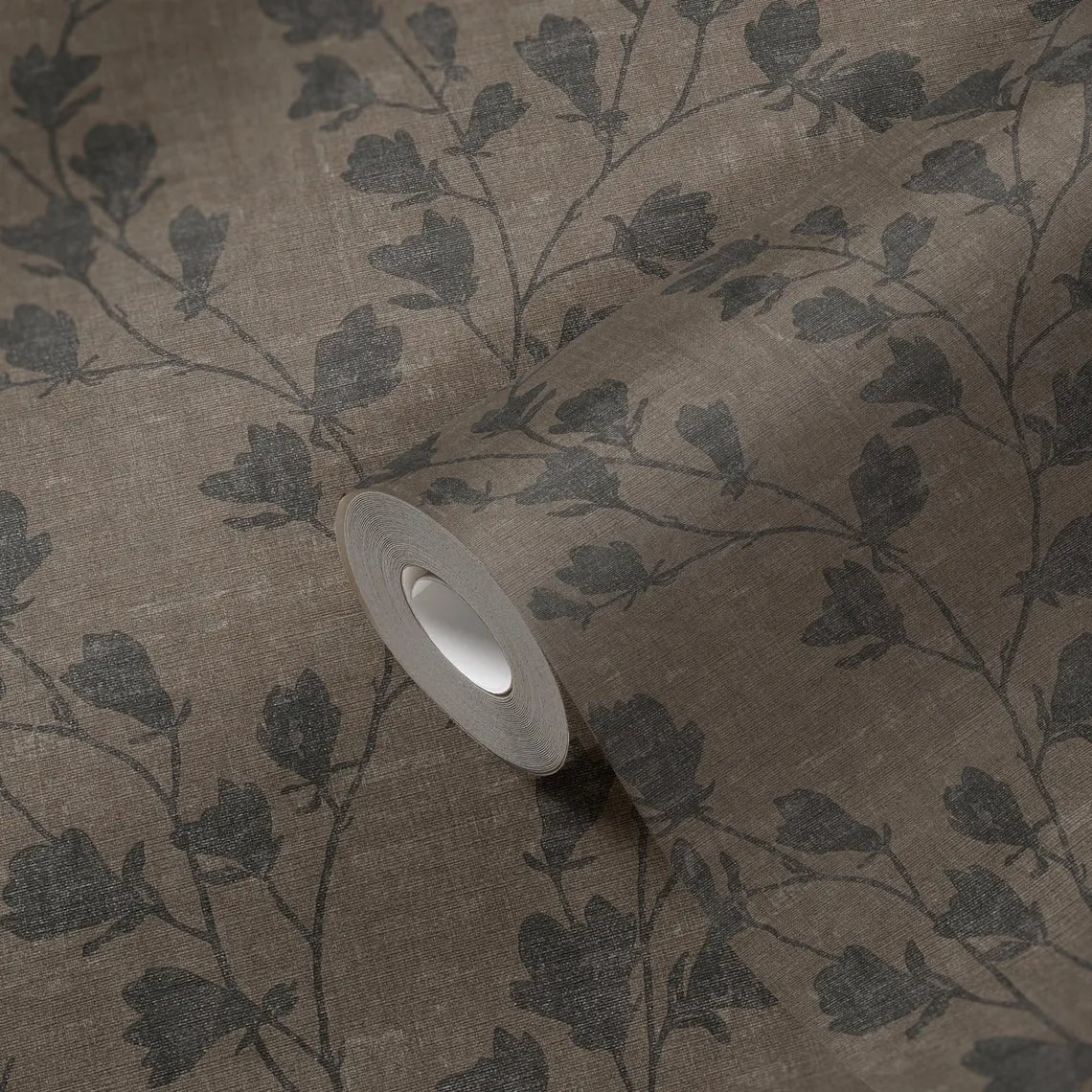 Taupe & Charcoal Floral Trail Wallpaper, Monochromatic Brown Linen Texture