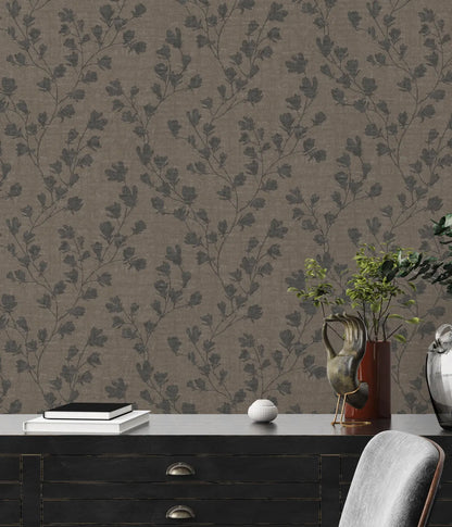 Taupe & Charcoal Floral Trail Wallpaper, Monochromatic Brown Linen Texture