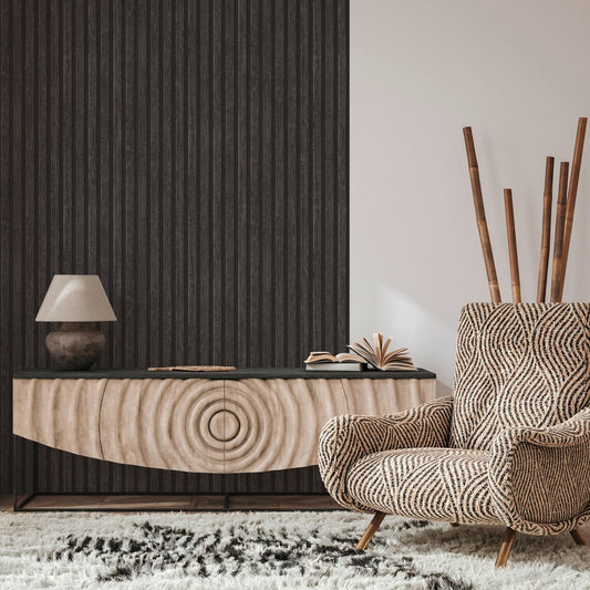 Dark Charcoal Black Wood Slat Effect Wallpaper, Textured Vertical Stripe