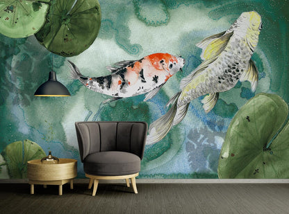 Watercolor Koi Fish Pond Mural