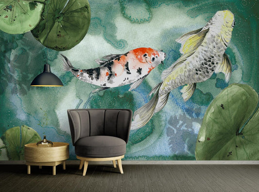 Watercolor Koi Fish Pond Mural