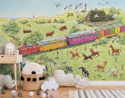 Whimsical Train & Animals Countryside Mural