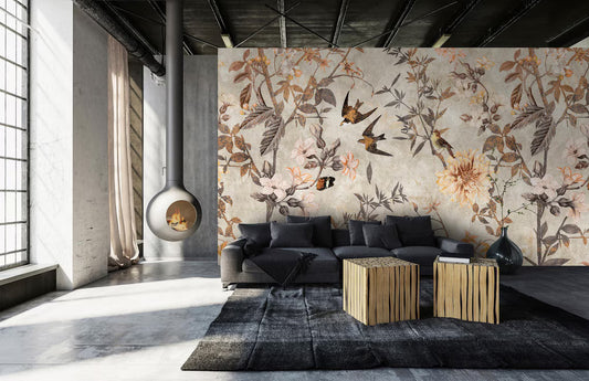 Vintage Chinoiserie Floral & Bird Mural