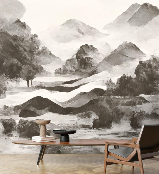 Monochrome Mountain Landscape Mural