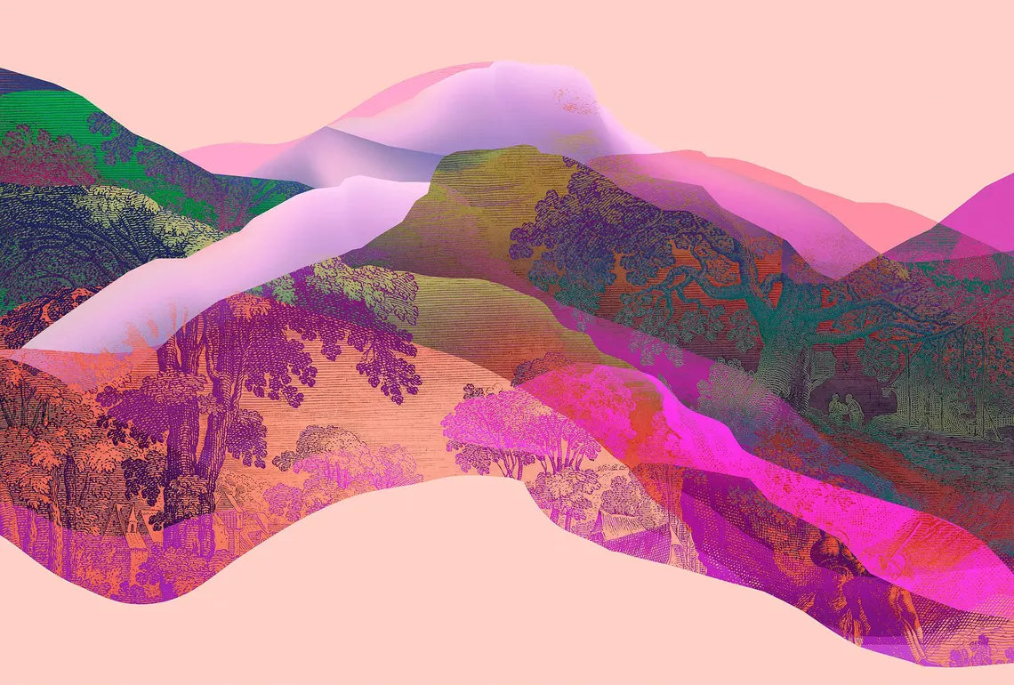 Abstract Mountain Mural Art, Purple Pink Green Accent Wall Mural