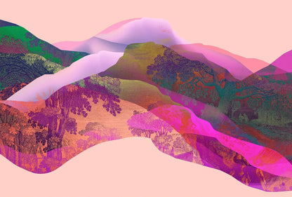 Abstract Mountain Mural Art, Purple Pink Green Accent Wall Mural