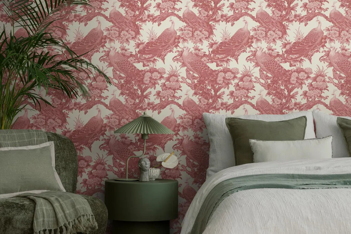 Pink Chinoiserie Peacock Wallpaper, Art Nouveau Peel and Stick Mural
