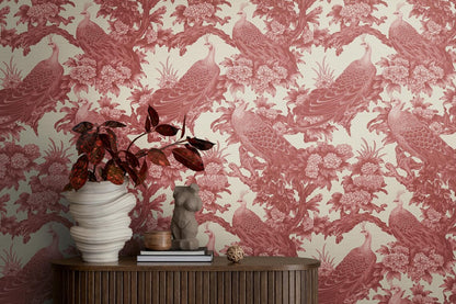 Pink Chinoiserie Peacock Wallpaper, Art Nouveau Peel and Stick Mural