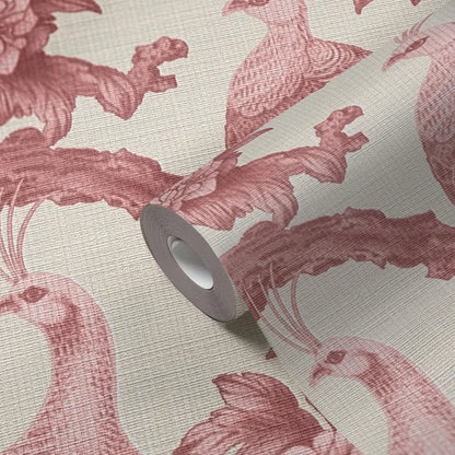 Pink Chinoiserie Peacock Wallpaper, Art Nouveau Peel and Stick Mural