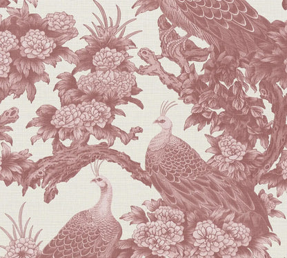 Pink Chinoiserie Peacock Wallpaper, Art Nouveau Peel and Stick Mural