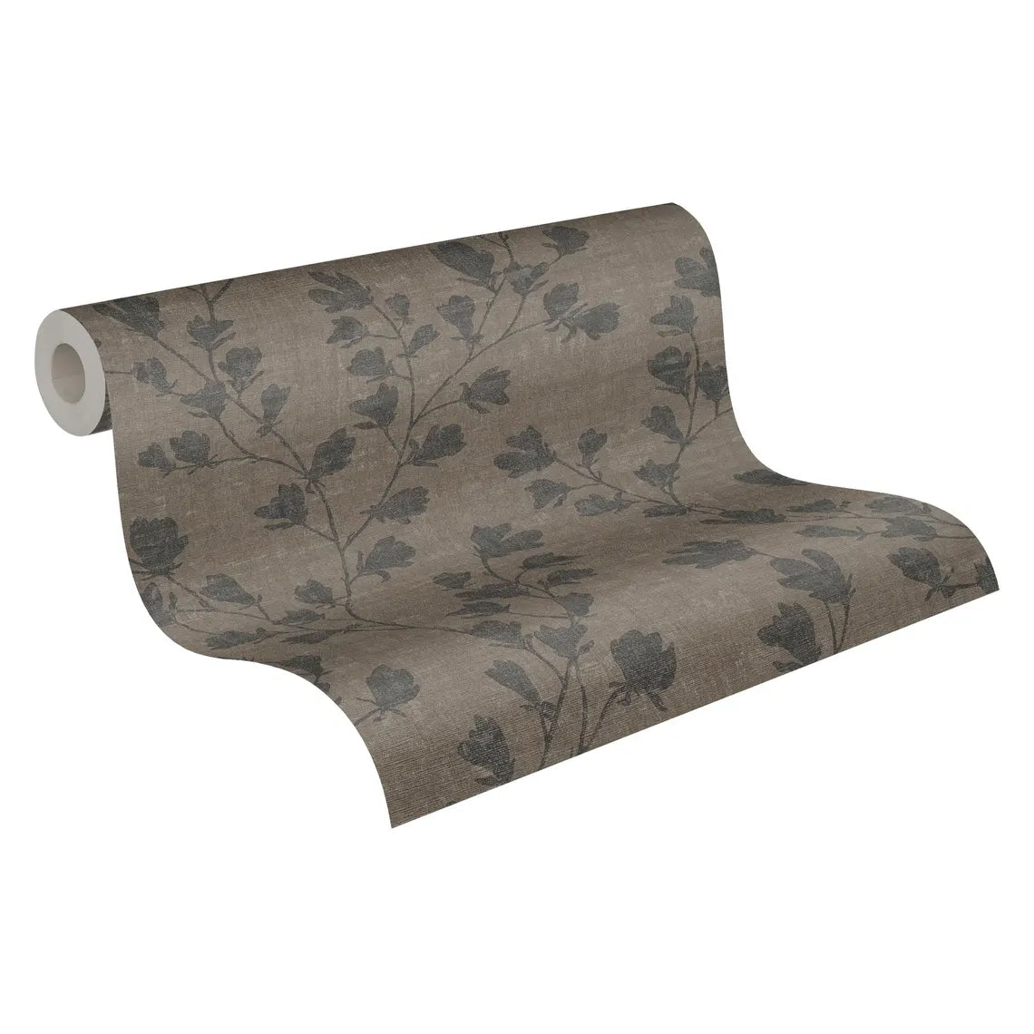 Taupe & Charcoal Floral Trail Wallpaper, Monochromatic Brown Linen Texture