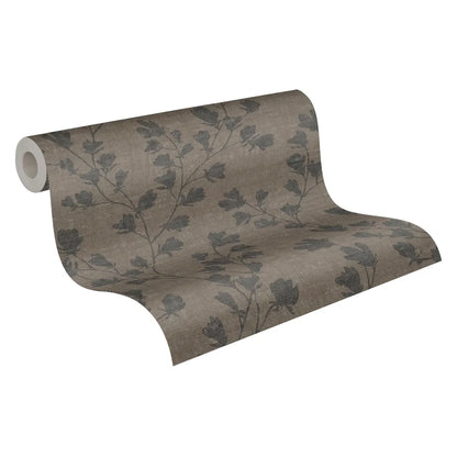 Taupe & Charcoal Floral Trail Wallpaper, Monochromatic Brown Linen Texture