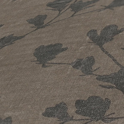 Taupe & Charcoal Floral Trail Wallpaper, Monochromatic Brown Linen Texture
