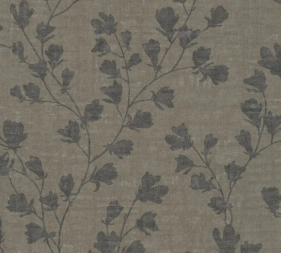 Taupe & Charcoal Floral Trail Wallpaper, Monochromatic Brown Linen Texture