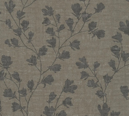 Taupe & Charcoal Floral Trail Wallpaper, Monochromatic Brown Linen Texture