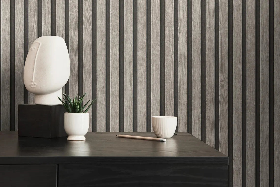 Light Wood & Dark Grey Slat Panel Wallpaper, Vertical Stripe