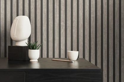 Light Wood & Dark Grey Slat Panel Wallpaper, Vertical Stripe