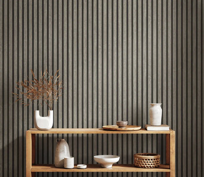 Light Wood & Dark Grey Slat Panel Wallpaper, Vertical Stripe