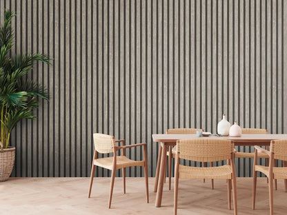 Light Wood & Dark Grey Slat Panel Wallpaper, Vertical Stripe