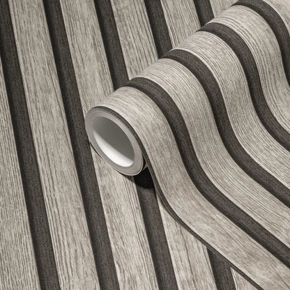Light Wood & Dark Grey Slat Panel Wallpaper, Vertical Stripe