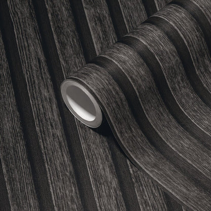 Dark Charcoal Black Wood Slat Effect Wallpaper, Textured Vertical Stripe