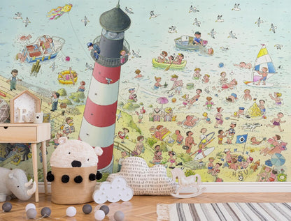 Whimsical Lighthouse Beach Scene Mural