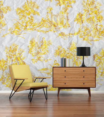 Yellow Toile de Jouy Mural, Distressed French Country Wall Art