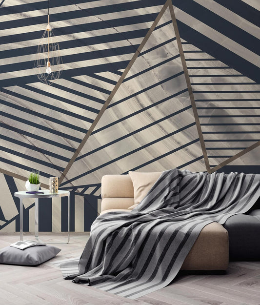Navy and Beige Geometric Abstract Wall Mural for Modern Interiors