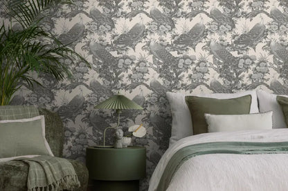 Peacock Chinoiserie Wallpaper, Grey Floral Bird Wall Mural