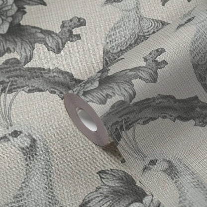 Peacock Chinoiserie Wallpaper, Grey Floral Bird Wall Mural