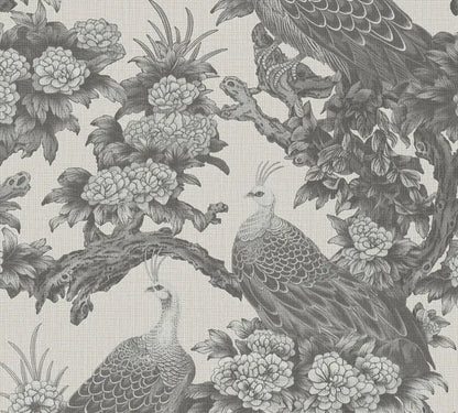 Peacock Chinoiserie Wallpaper, Grey Floral Bird Wall Mural