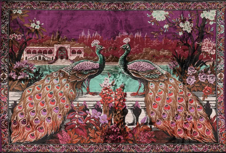 Decorative tapestry with peacocks and a garden scene on a purple background