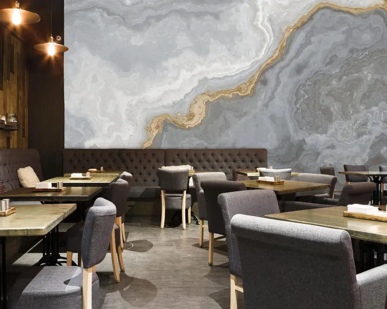 Grey & Gold Agate Stone Mural, Modern Wall Art, Mineral-Inspired Wall Mural