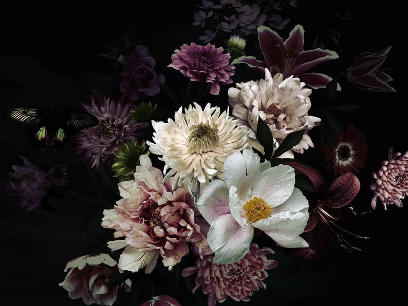 Dark Moody Floral Wallpaper Mural, Dutch Master Style Peony