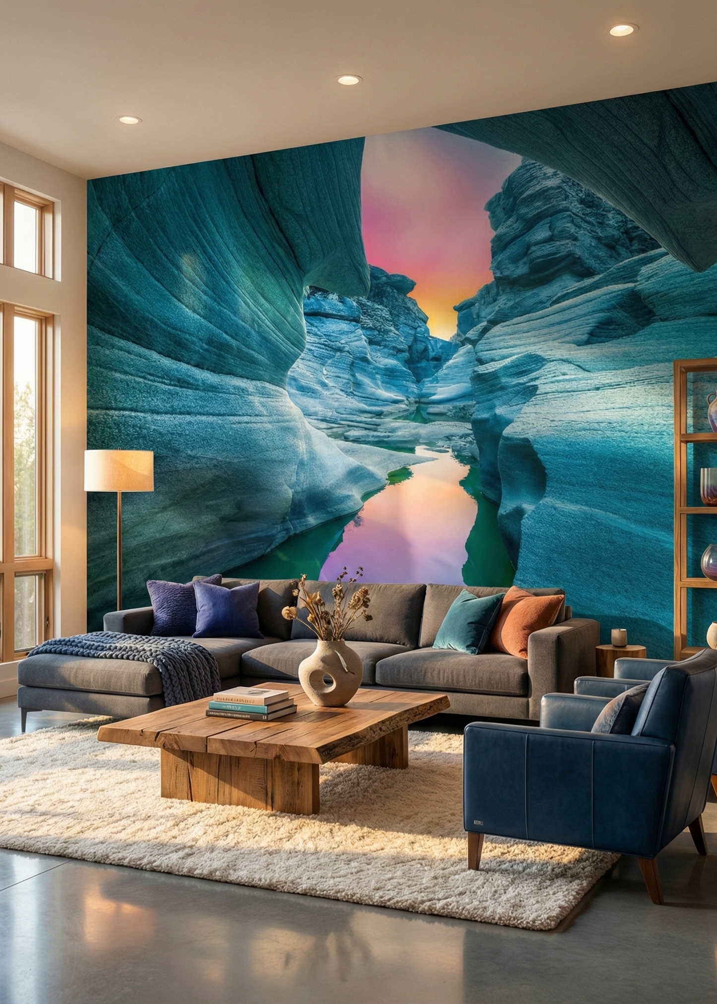 Living room with a large wall mural of a canyon landscape.