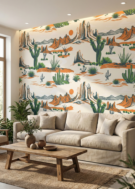 Living room with a beige sofa, wooden coffee table, and desert-themed wall mural.