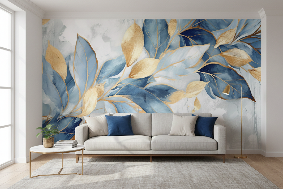 Abstract Gold and Blue Leaf Wall Mural