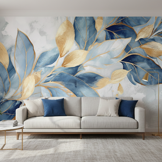 Abstract Gold and Blue Leaf Wall Mural
