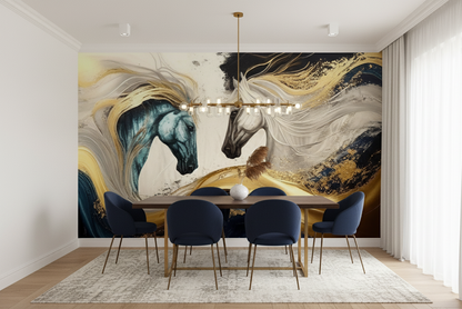 Majestic Horse Wall Mural, Abstract Blue Gold Equine Art Print