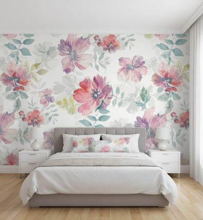 Bedroom with floral wallpaper and a gray bed