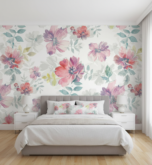 Bedroom with floral wallpaper and a gray bed